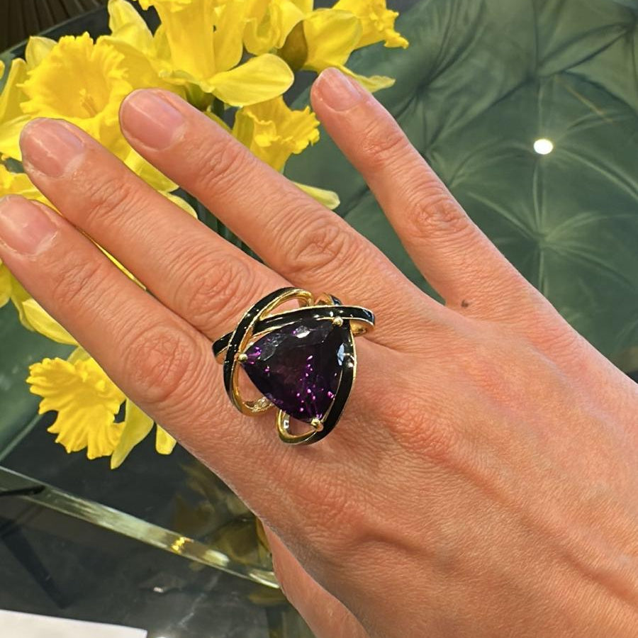 Aurora Purple Amethyst and Black Enamel Statement Ring Model Shot
