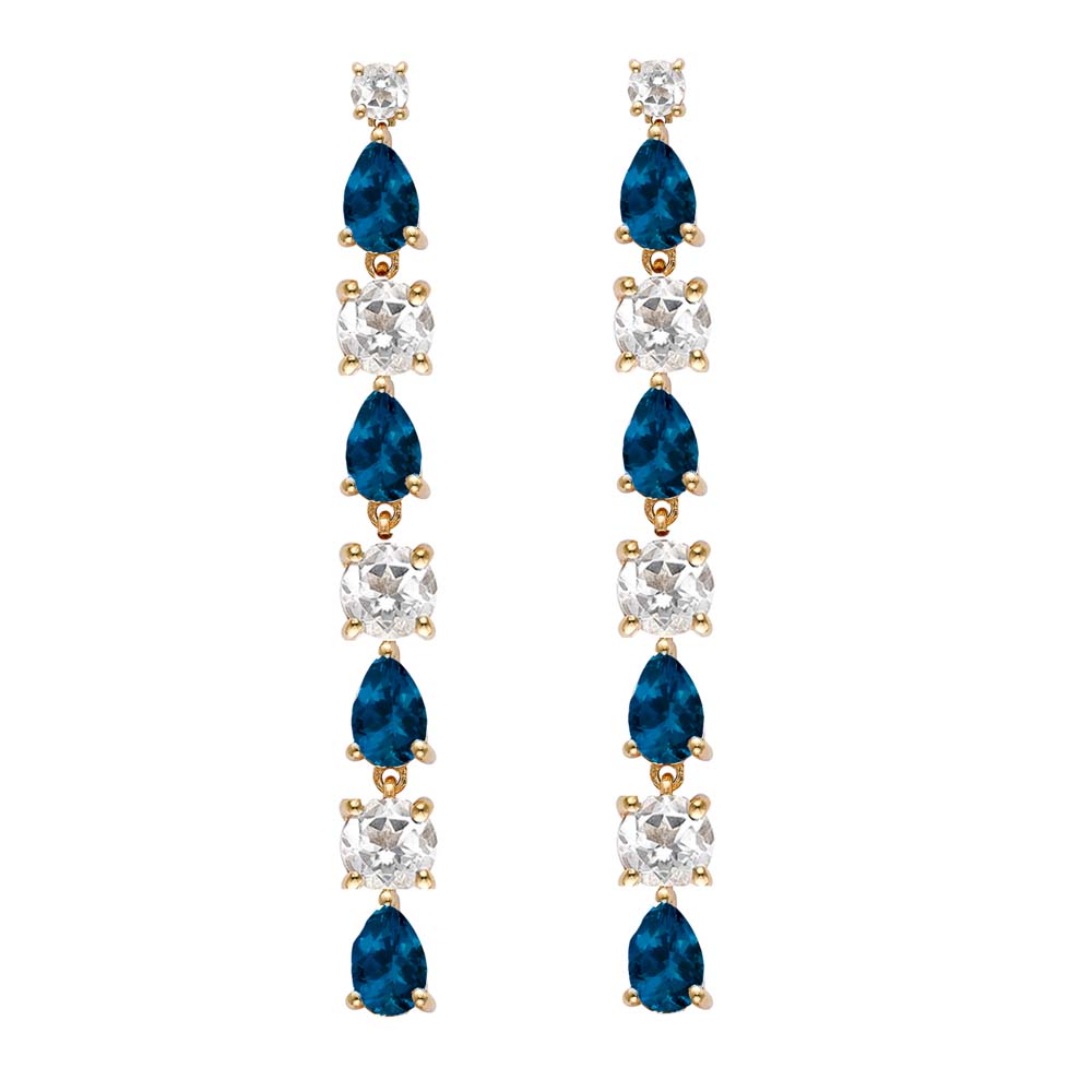 Long Teal Topaz and White Topaz Drop Earrings in Yellow Gold