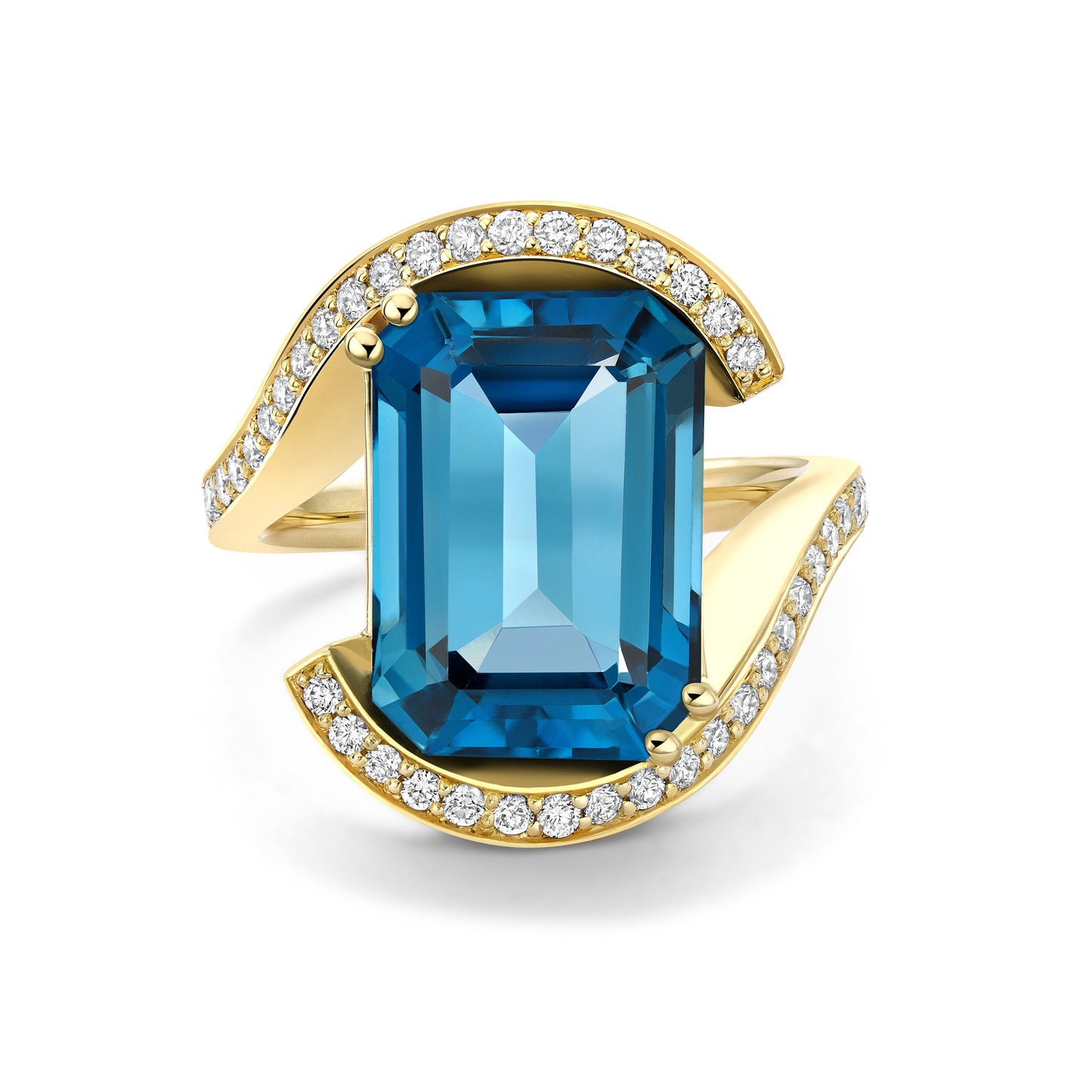 British Luxury gemstone jewellery - Diamond Ring with Teal Topaz in Wedeln Design in 18ct Yellow Gold – Gstaad Collection, Augustine Jewellery, Luxury Jewellery London.