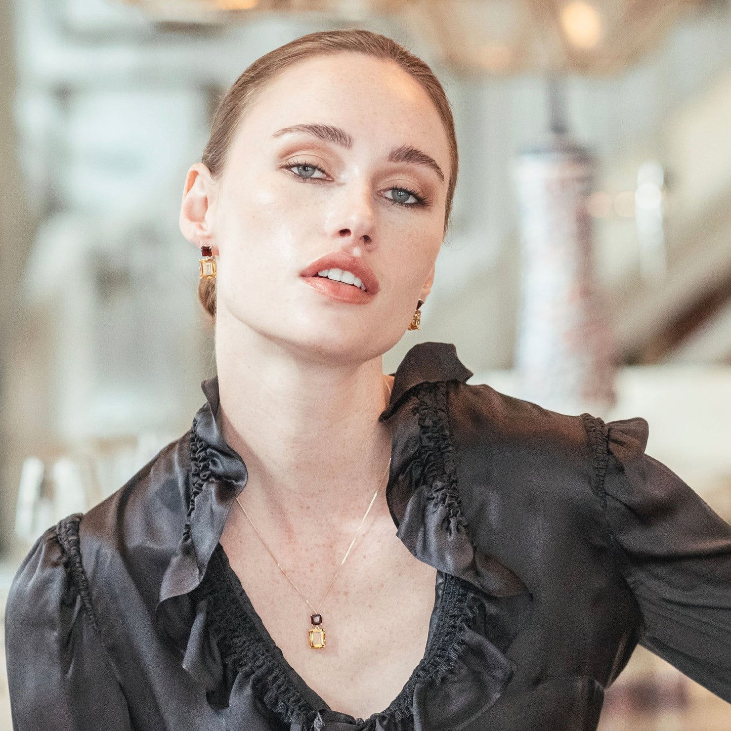 Octagon Gold Drop Earrings in Garnet and Citrine, Octagon Gold Necklace in Garnet and Citrine - Augustine Jewels