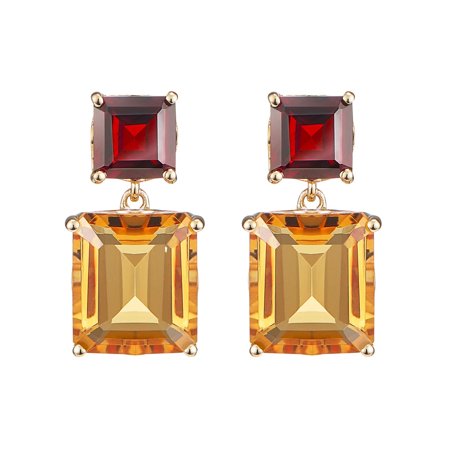 Octagon Gold Drop Earrings in Garnet and Citrine - Augustine Jewels