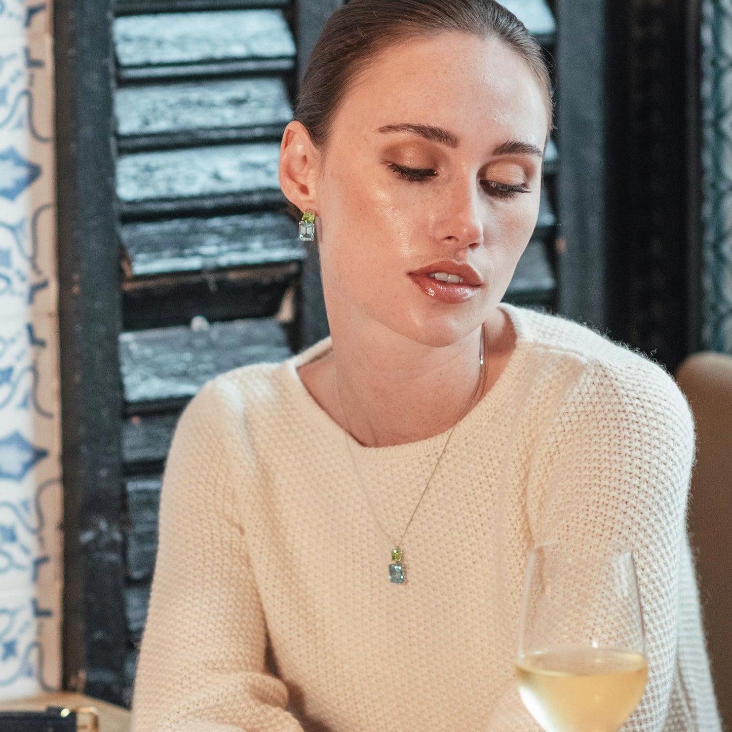 Octagon Gold Drop Earrings in Peridot and Blue Topaz, Necklace in Peridot and Blue Topaz - Augustine Jewels