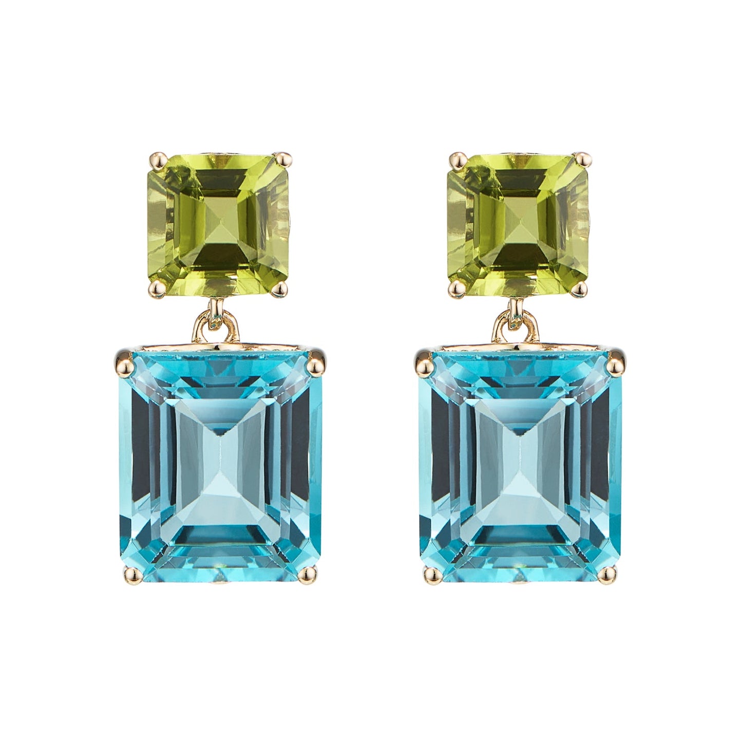 Octagon Gold Drop Earrings in Peridot and Blue Topaz - Augustine Jewels