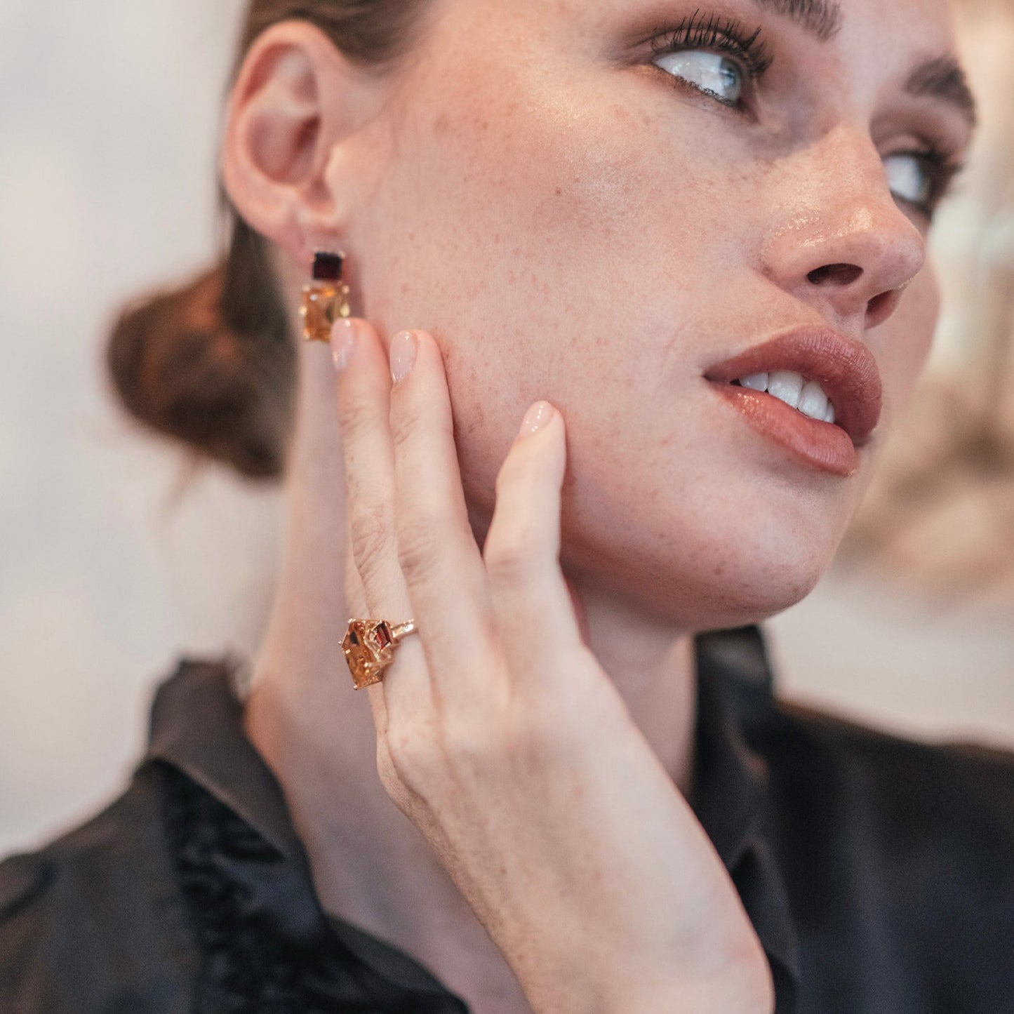 Octagon Gold Ring in Garnet and Citrine, Octagon Gold Drop Earrings in Garnet & Citrine - Augustine Jewels