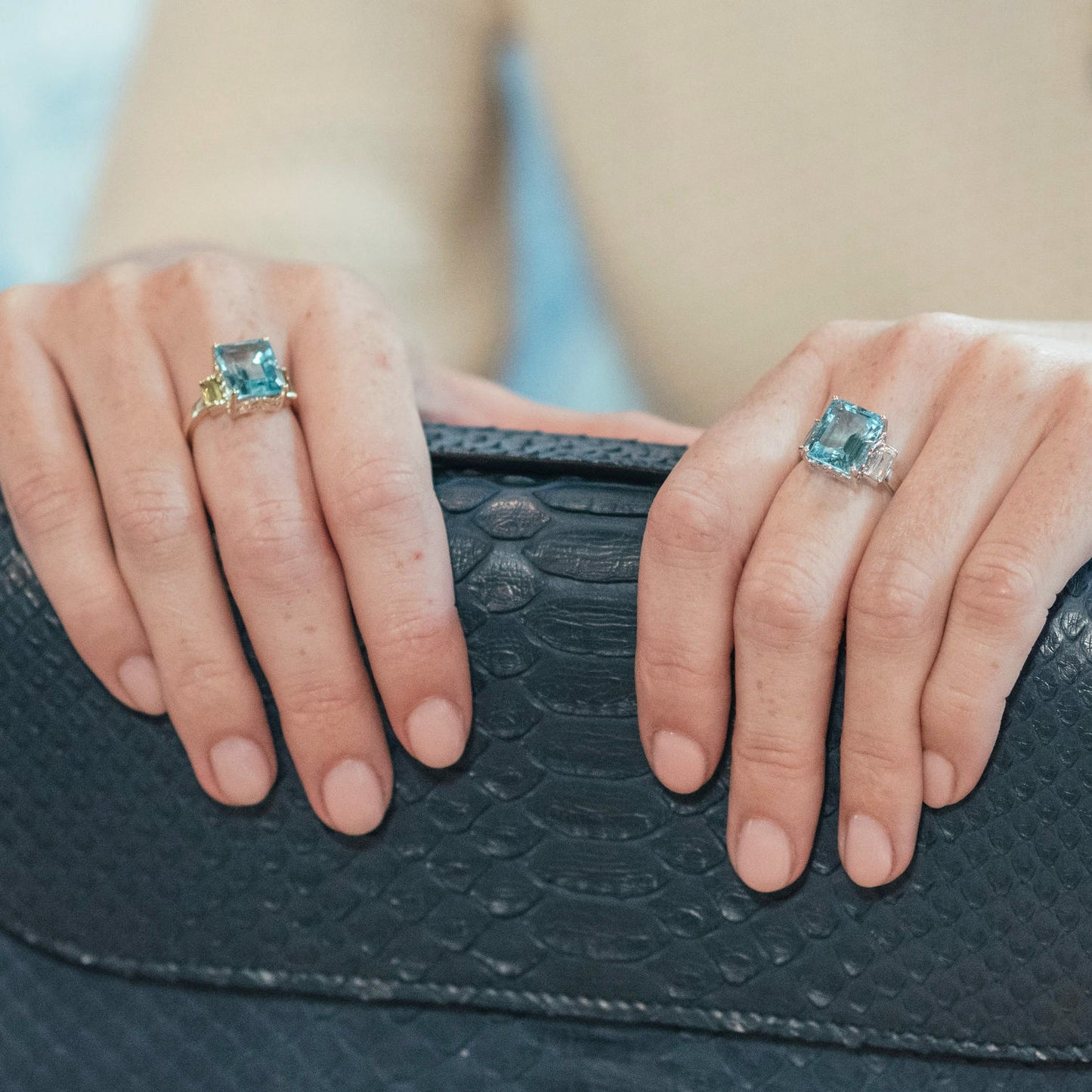 Octagon Gold Ring in Peridot and Blue Topaz, Octagon White Gold Ring in White Topaz & Blue Topaz - Augustine Jewels