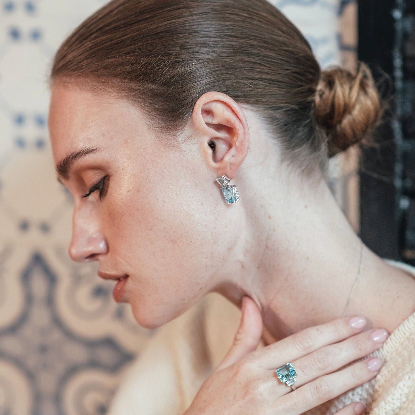 Octagon White Gold Drop Earrings in White Topaz and Blue Topaz, Ring in White Topaz and Blue Topaz - Augustine Jewels