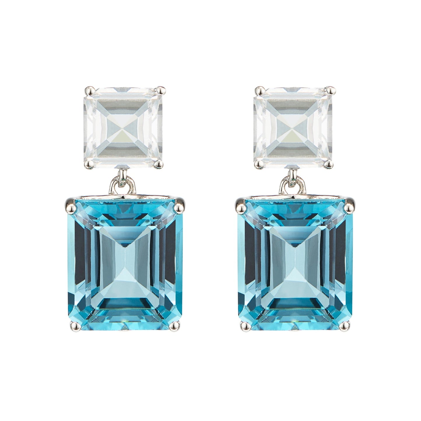 Octagon White Gold Drop Earrings in White Topaz and Blue Topaz - Augustine Jewels