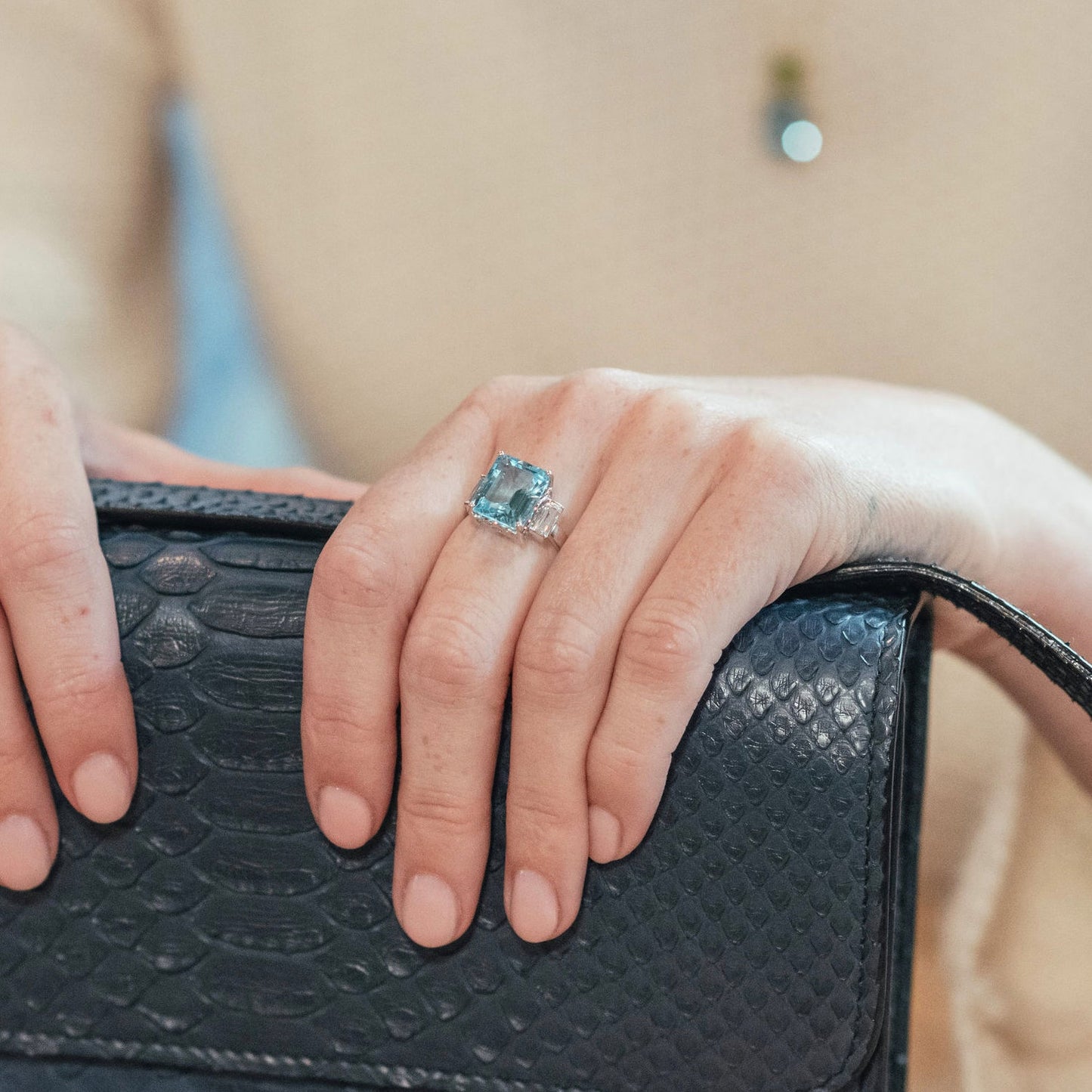 Octagon White Gold Ring in White Topaz and Blue Topaz - Augustine Jewels