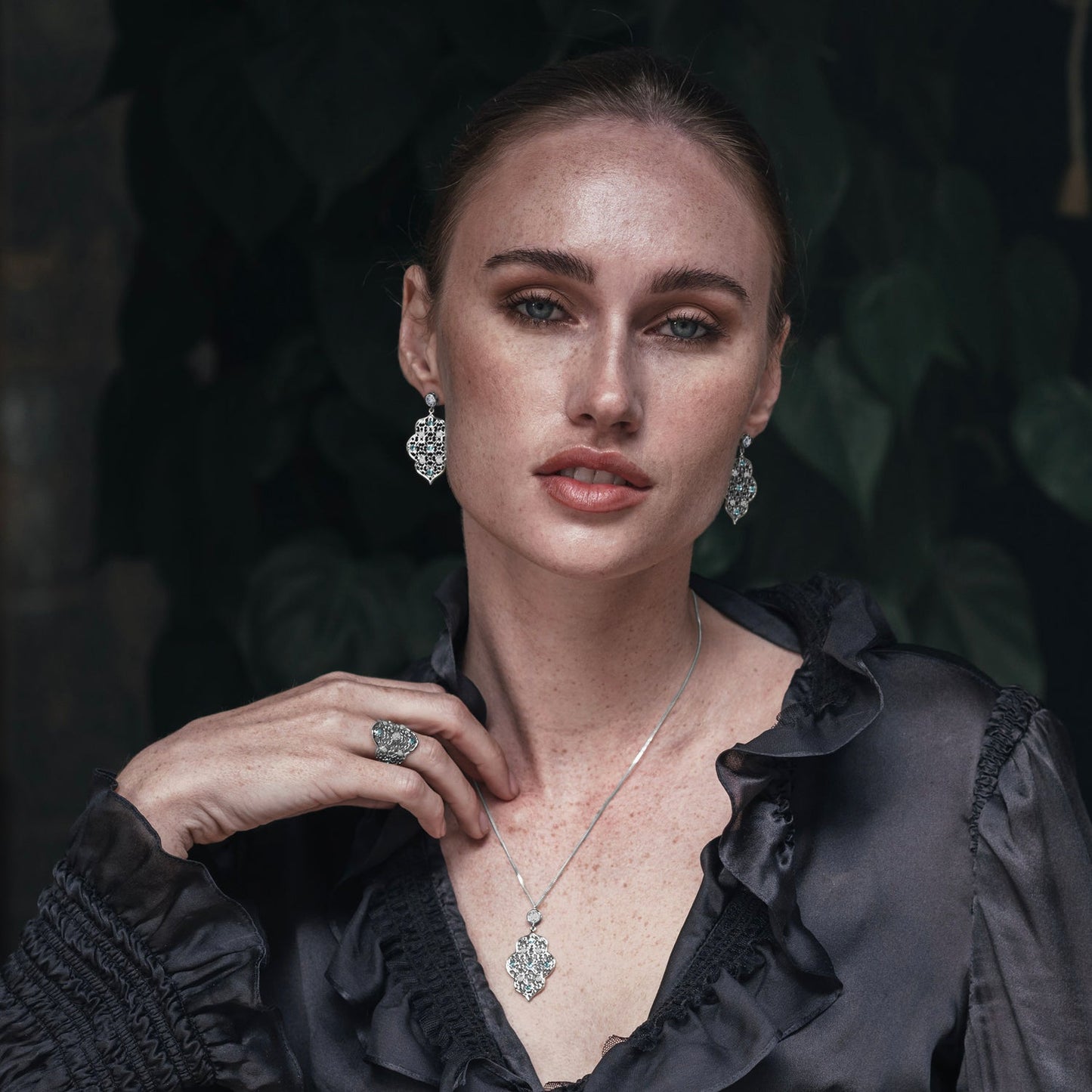 Silver Filigree Ring in White Topaz and Blue Topaz, Sterling Silver Filigree Earrings in White Topaz and Blue Topaz, Sterling Silver Filigree Necklace in White Topaz and Blue Topaz - Augustine Jewels