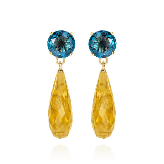 British Jewellers designed London-made custom gold jewellery -Teal Topaz and Citrine Gold Drop Earrings – Como Collection, Augustine Jewellery, British Jewellers, Gemstone Jewellery, Luxury Jewellery London.