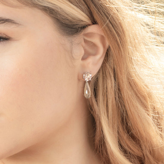 British Jewellers designed London-made custom gold jewellery - Close up of the model demonstrating the wear of the Green Amethyst and Morganite Drop Earrings– Como Collection, Augustine Jewellery, British Jewellers, Gemstone Jewellery, Luxury Jewellery London.