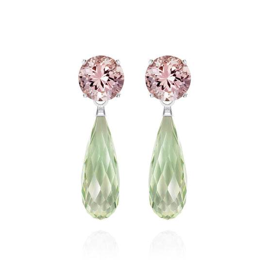 British Jewellers designed London-made custom gold jewellery -Green Amethyst and Morganite Drop Earrings– Como Collection, Augustine Jewellery, British Jewellers, Gemstone Jewellery, Luxury Jewellery London.