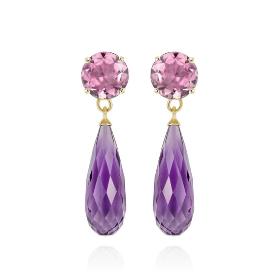 Load image into Gallery viewer, Purple Amethyst &amp;amp; Pink Tourmaline Gold Drop Earrings | The Como Collection | Augustine Jewels | Gemstone Jewellery
