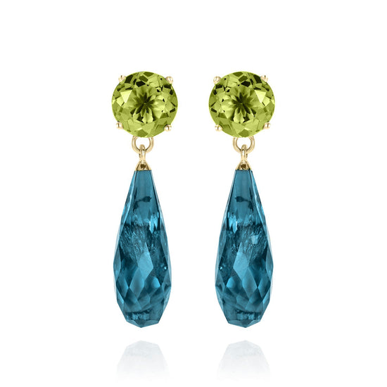 British Jewellers designed London-made custom gold jewellery -Teal Topaz and Peridot Gold Drop Earrings – Como Collection, Augustine Jewellery, British Jewellers, Gemstone Jewellery, Luxury Jewellery London.