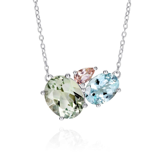 British Jewellers designed London-made custom silver jewellery - Green Amethyst Silver Cluster Necklace with Aquamarine and Morganite – Como Collection, Augustine Jewellery, British Jewellers, Gemstone Jewellery, Luxury Jewellery London.