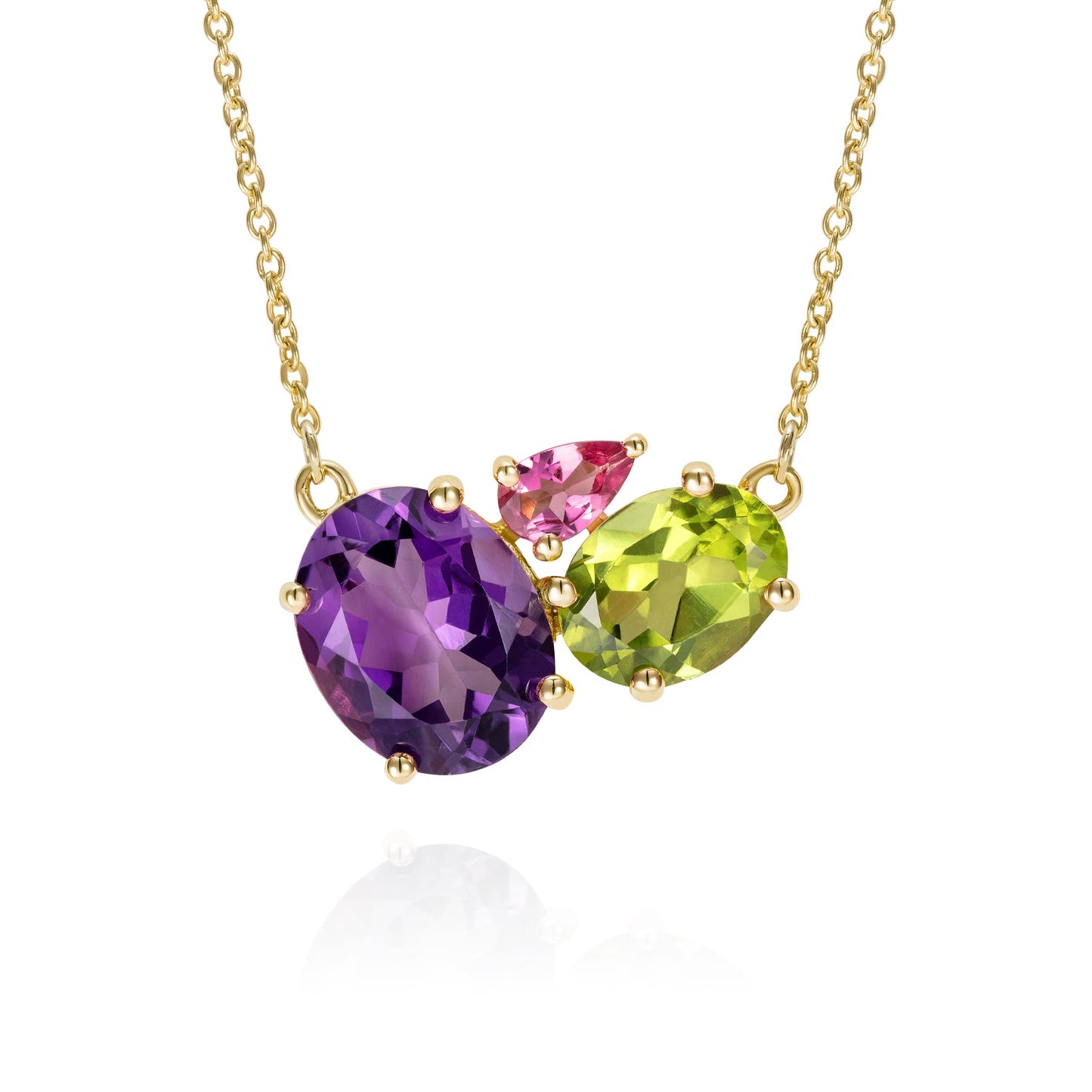British Jewellers designed London-made custom gold jewellery - Purple Amethyst Gold Cluster Necklace with Peridot and Pink Tourmaline – Como Collection, Augustine Jewellery, British Jewellers, Gemstone Jewellery, Luxury Jewellery London.
