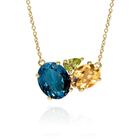 British Jewellers designed London-made custom gold jewellery -Teal Topaz Gold Cluster Necklace with Citrine and Peridot – Como Collection, Augustine Jewellery, British Jewellers, Gemstone Jewellery, Luxury Jewellery London.