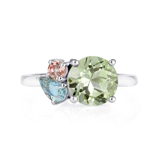 Load image into Gallery viewer, British Jewellers designed London-made custom silver jewellery - Green Amethyst Silver Cluster Ring with Aquamarine and Morganite – Como Collection, Augustine Jewellery, British Jewellers, Gemstone Jewellery, Luxury Jewellery London.
