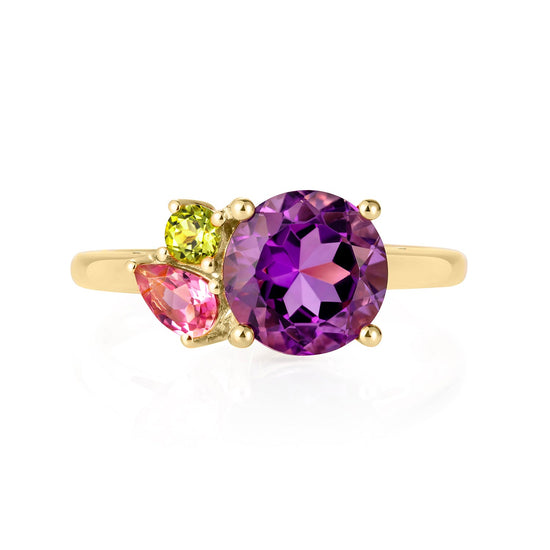 British Jewellers designed London-made custom gold jewellery - Purple Amethyst Gold Cluster Ring with Peridot and Pink Tourmaline – Como Collection, Augustine Jewellery, British Jewellers, Gemstone Jewellery, Luxury Jewellery London.
