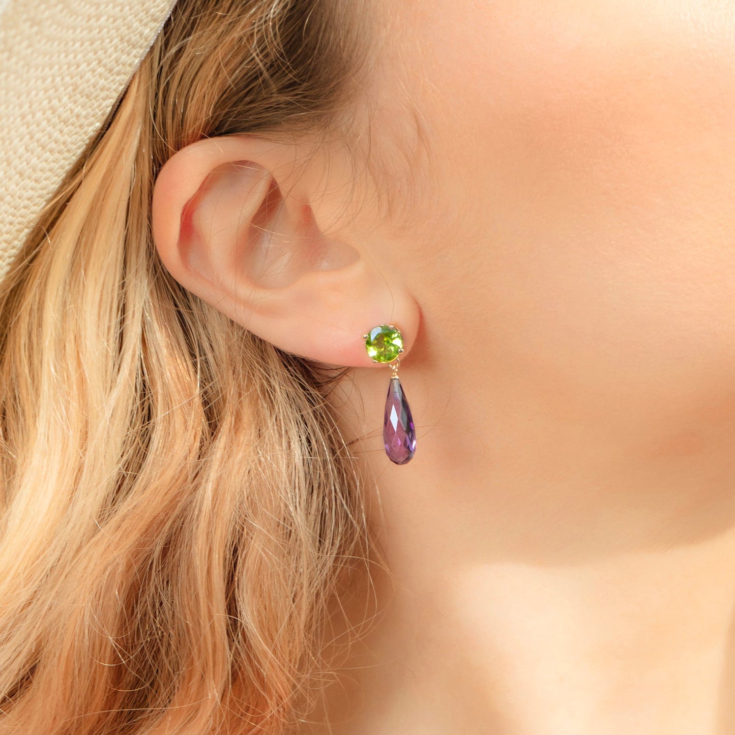 Purple Amethyst and Peridot Gold Drop Earrings - Augustine Jewels