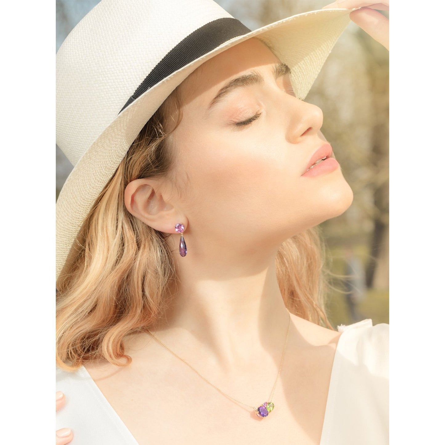 Purple Amethyst and Pink Tourmaline Gold Drop Earrings, Necklace - Augustine Jewels