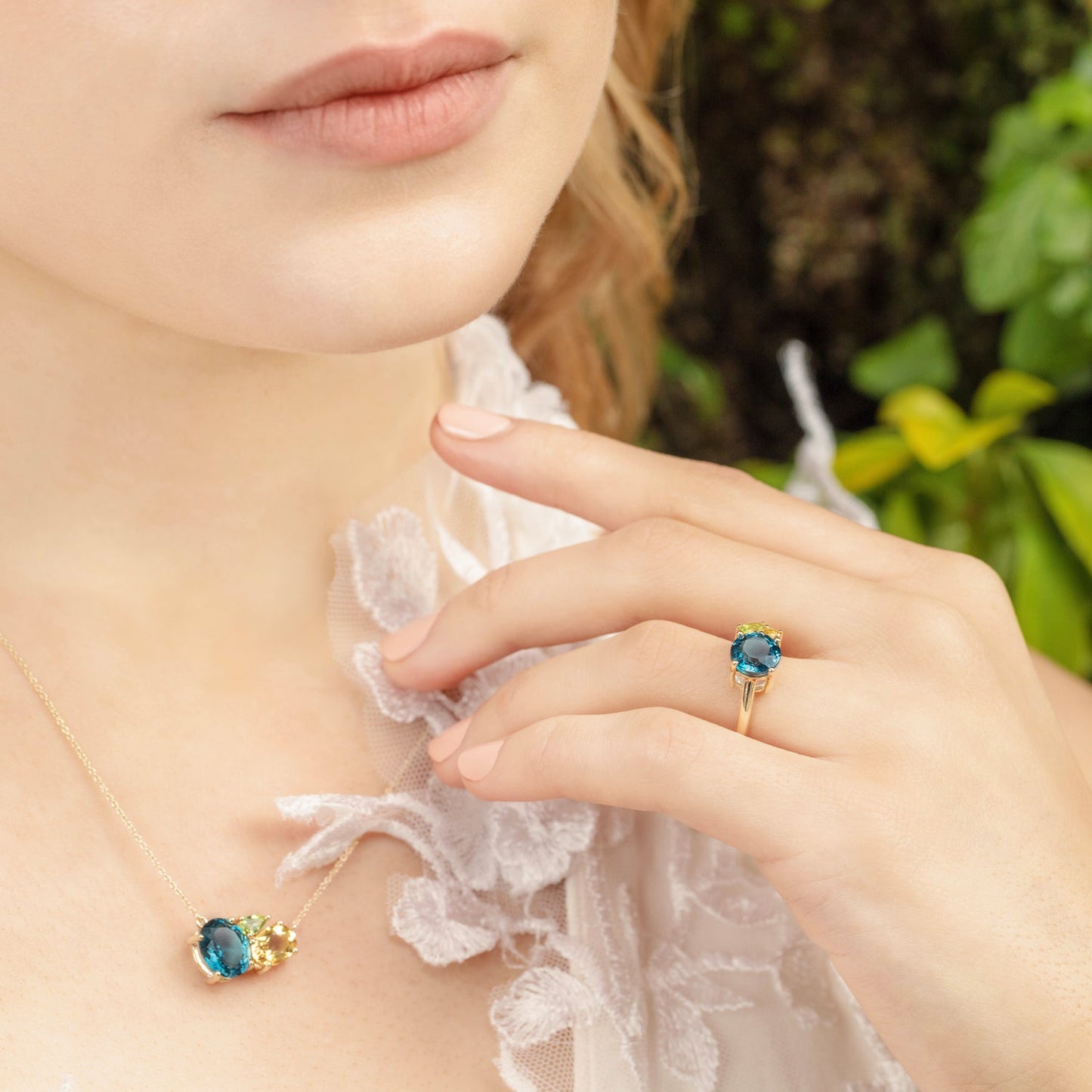 Teal Topaz Gold Cluster Ring, Teal Topaz Gold Cluster Necklace - Augustine Jewels
