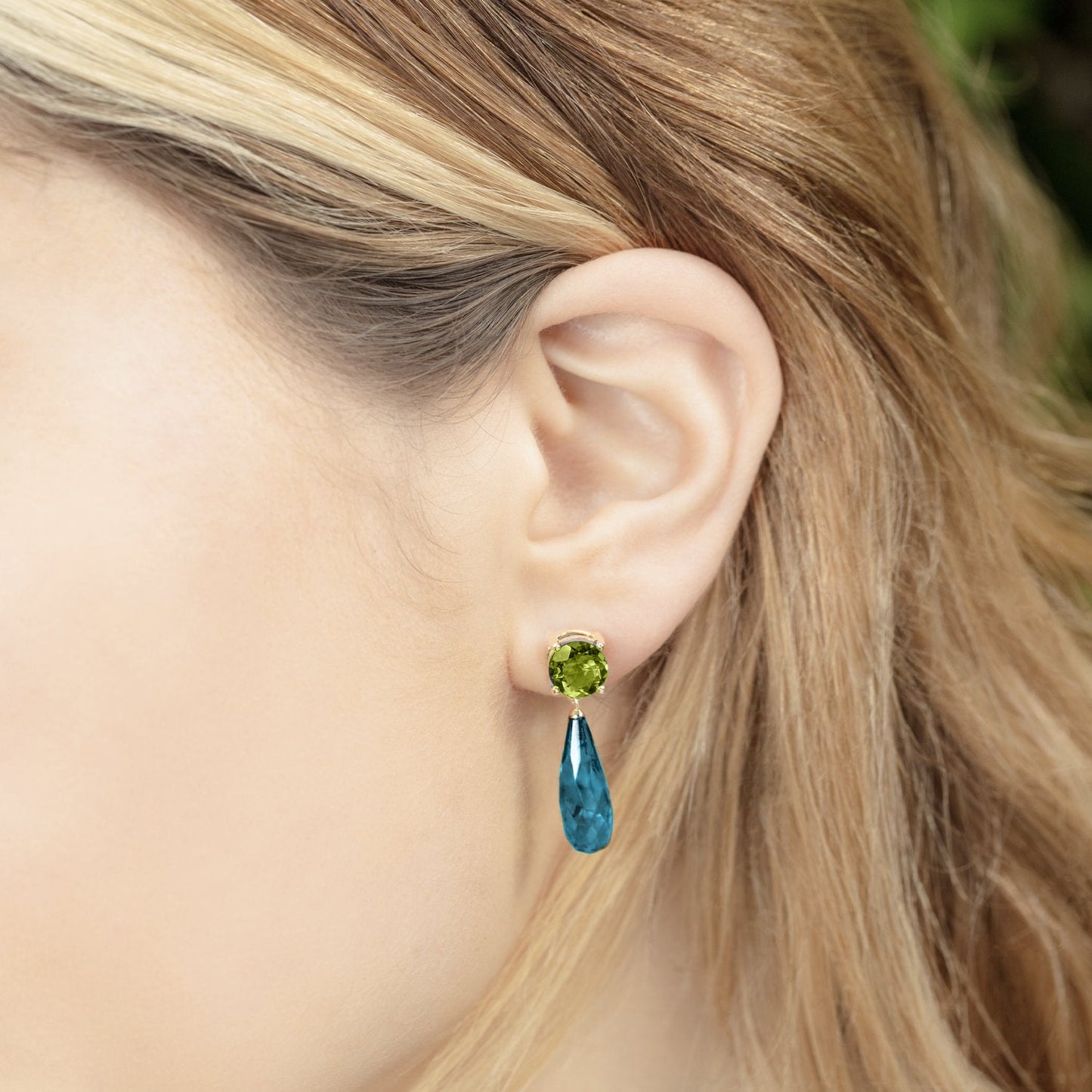 Teal Topaz and Peridot Gold Drop Earrings - Augustine Jewels