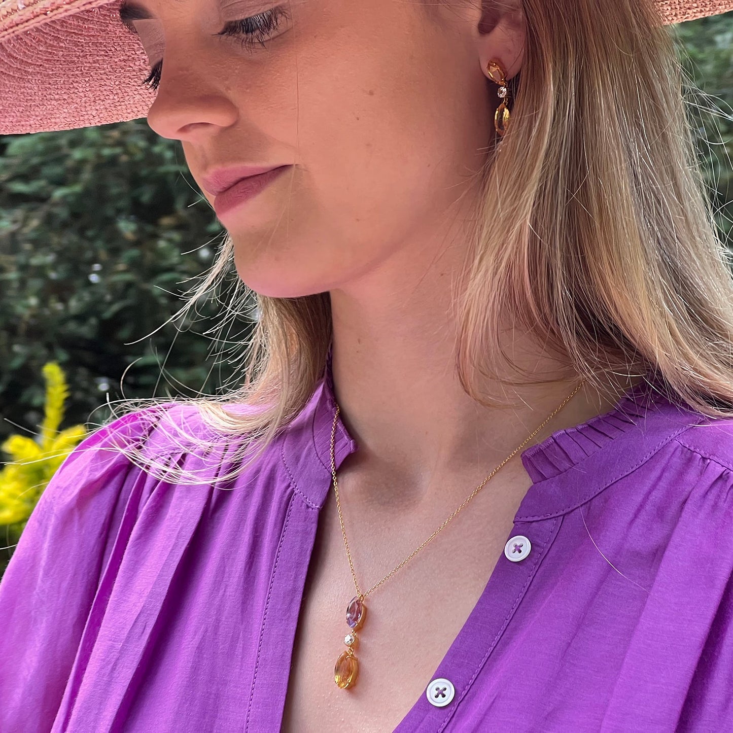 Purple Amethyst & Citrine & White Topaz Necklace, Citrine & White Topaz Earrings - Augustine Jewels