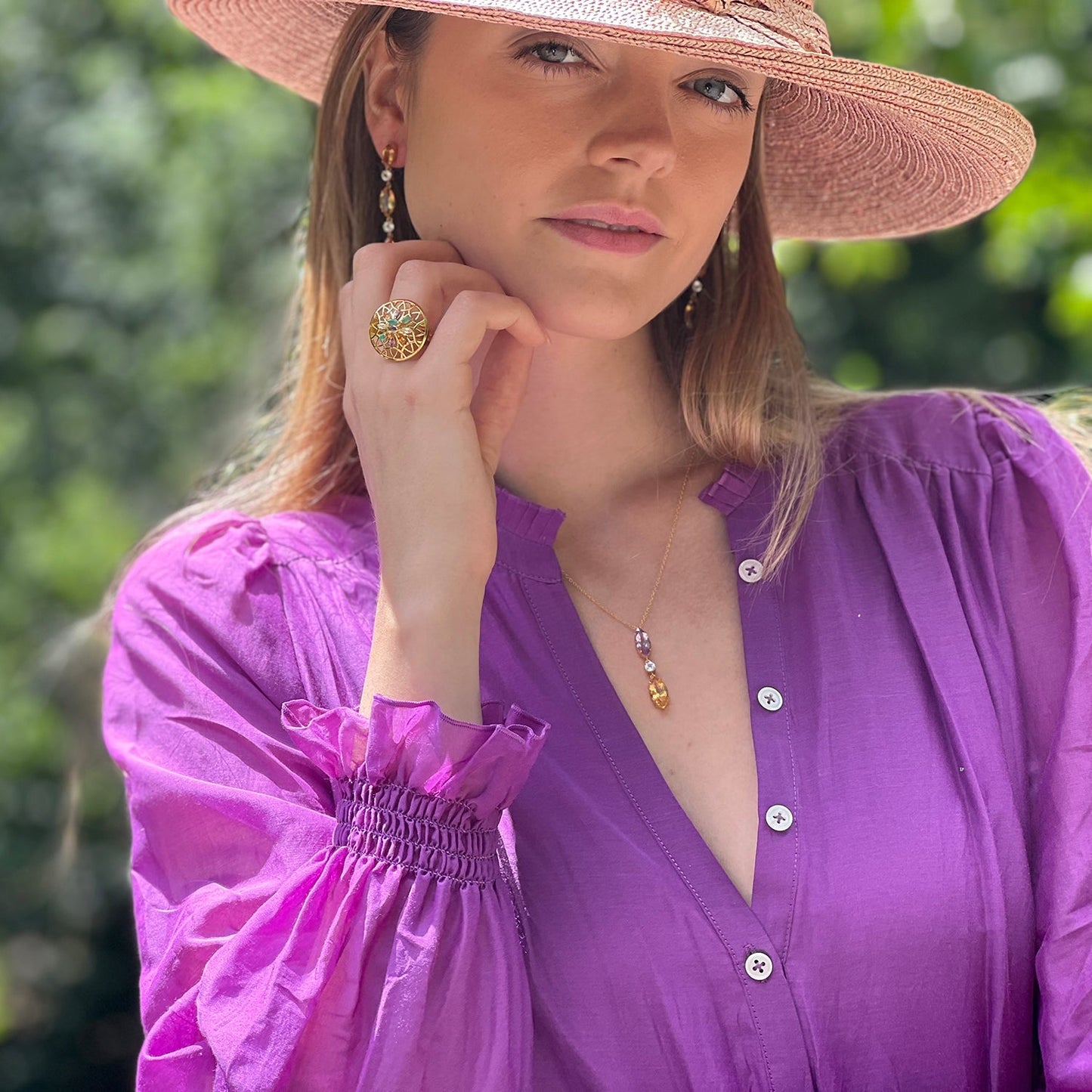 Purple Amethyst & Citrine & White Topaz Necklace, Citrine & White Topaz Earrings, Yellow Gold Colours of Summer Ring - Augustine Jewels