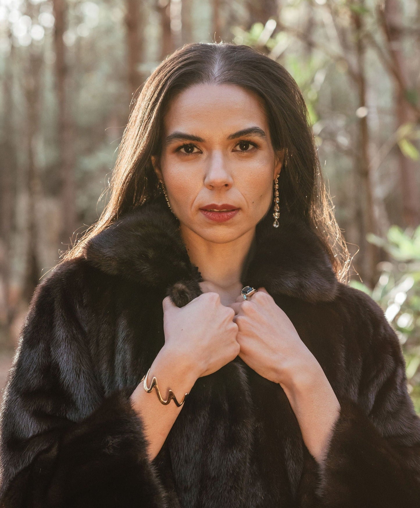 Yellow Gold Vermeil Wedeln Bangle, Long Diamond Earrings in 18ct Yellow Gold, Teal Topaz and Diamond Wedeln Ring - Augustine Jewels