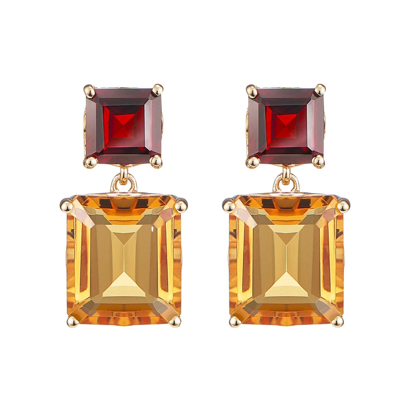 London-made luxury custom gold jewellery -9ct Yellow Gold Octagon Gold Drop Earrings in Garnet and Citrine – Andalusian Collection, Augustine Jewellery, British Jewellers, Gemstone Jewellery, Luxury Jewellery London.