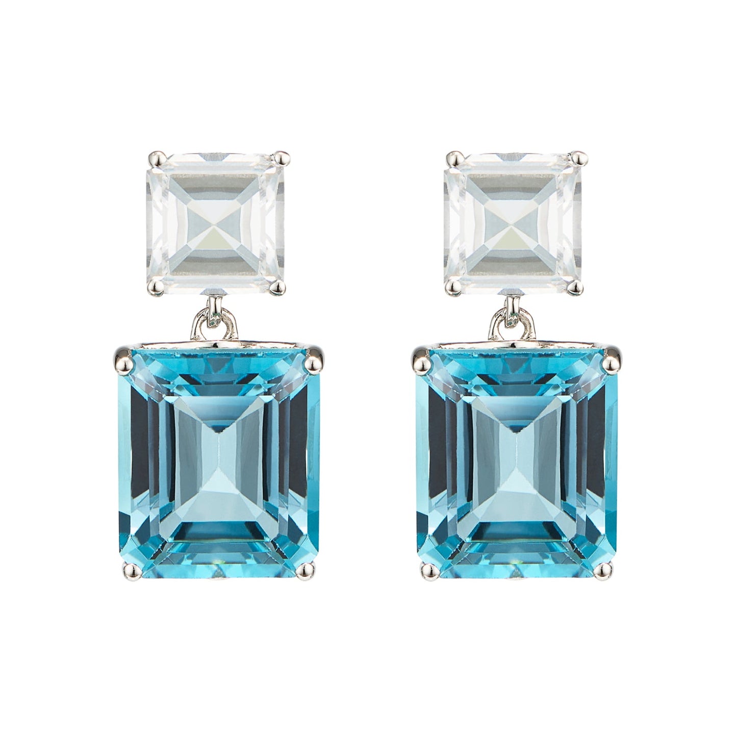London-made luxury custom gold gemstone jewellery - Octagon White Gold Drop Earrings in White Topaz & Blue Topaz – Andalusian Collection, Augustine Jewellery, British Jewellers, Gemstone Jewellery, Luxury Jewellery London.