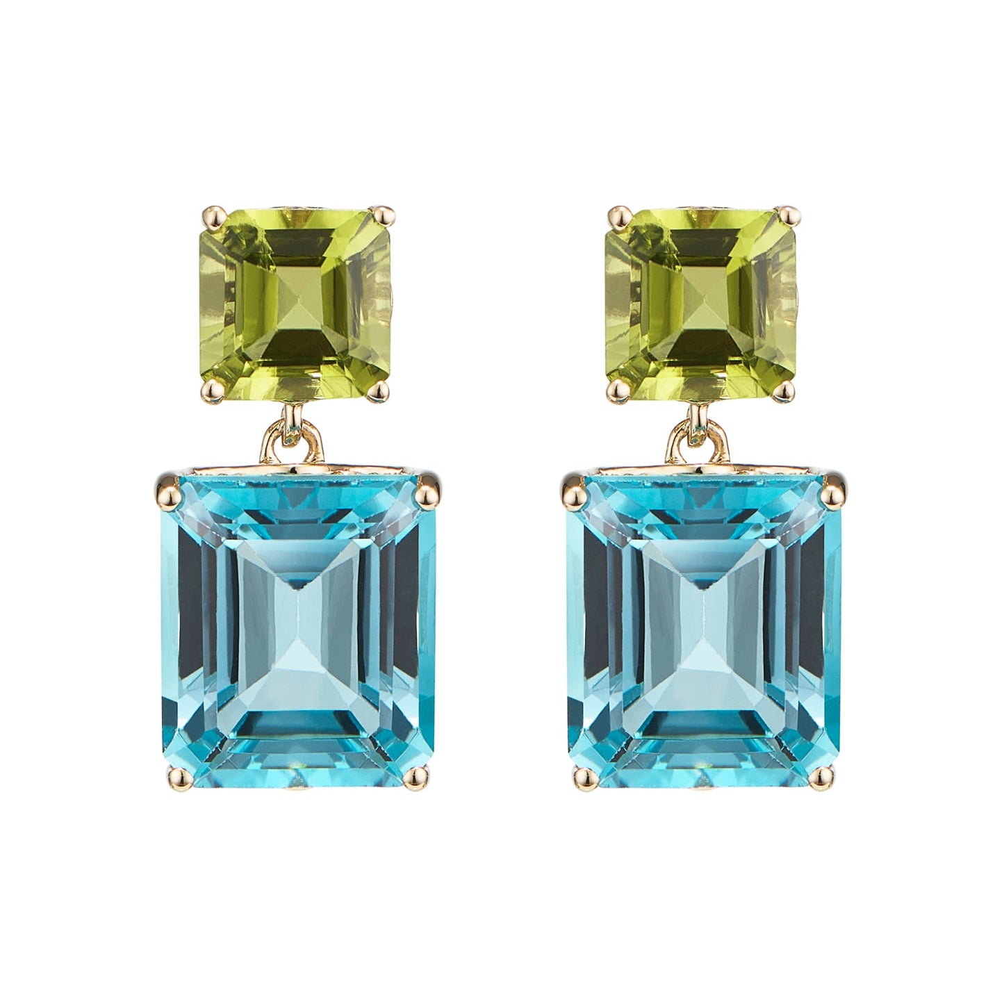 Load image into Gallery viewer, London-made luxury custom gold gemstone jewellery -9ct Yellow Gold Octagon Gold Drop Earrings in Peridot and Blue Topaz – Andalusian Collection, Augustine Jewellery, British Jewellers, Gemstone Jewellery, Luxury Jewellery London.
