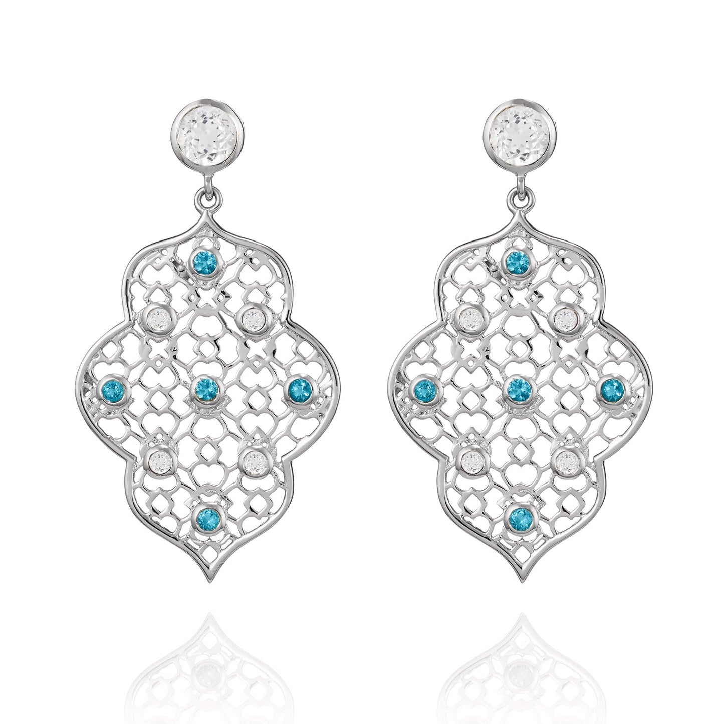 London-made luxury custom gold gemstone jewellery - Silver Filigree Earrings in White Topaz and Blue Topaz – Andalusian Collection, Augustine Jewellery, British Jewellers, Gemstone Jewellery, Luxury Jewellery London.