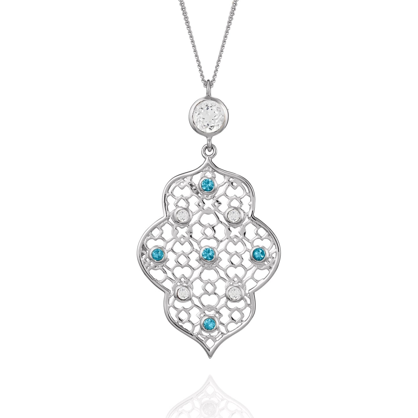 London-made luxury custom gold gemstone jewellery - Silver Filigree Pendant Necklace in White Topaz and Blue Topaz – Andalusian Collection, Augustine Jewellery, British Jewellers, Gemstone Jewellery, Luxury Jewellery London.
