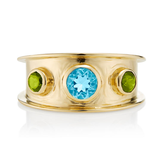 London-made luxury custom gold gemstone jewellery -9ct Yellow Gold Statement Ring in Blue Topaz and Peridot – Andalusian Collection, Augustine Jewellery, British Jewellers, Gemstone Jewellery, Luxury Jewellery London.