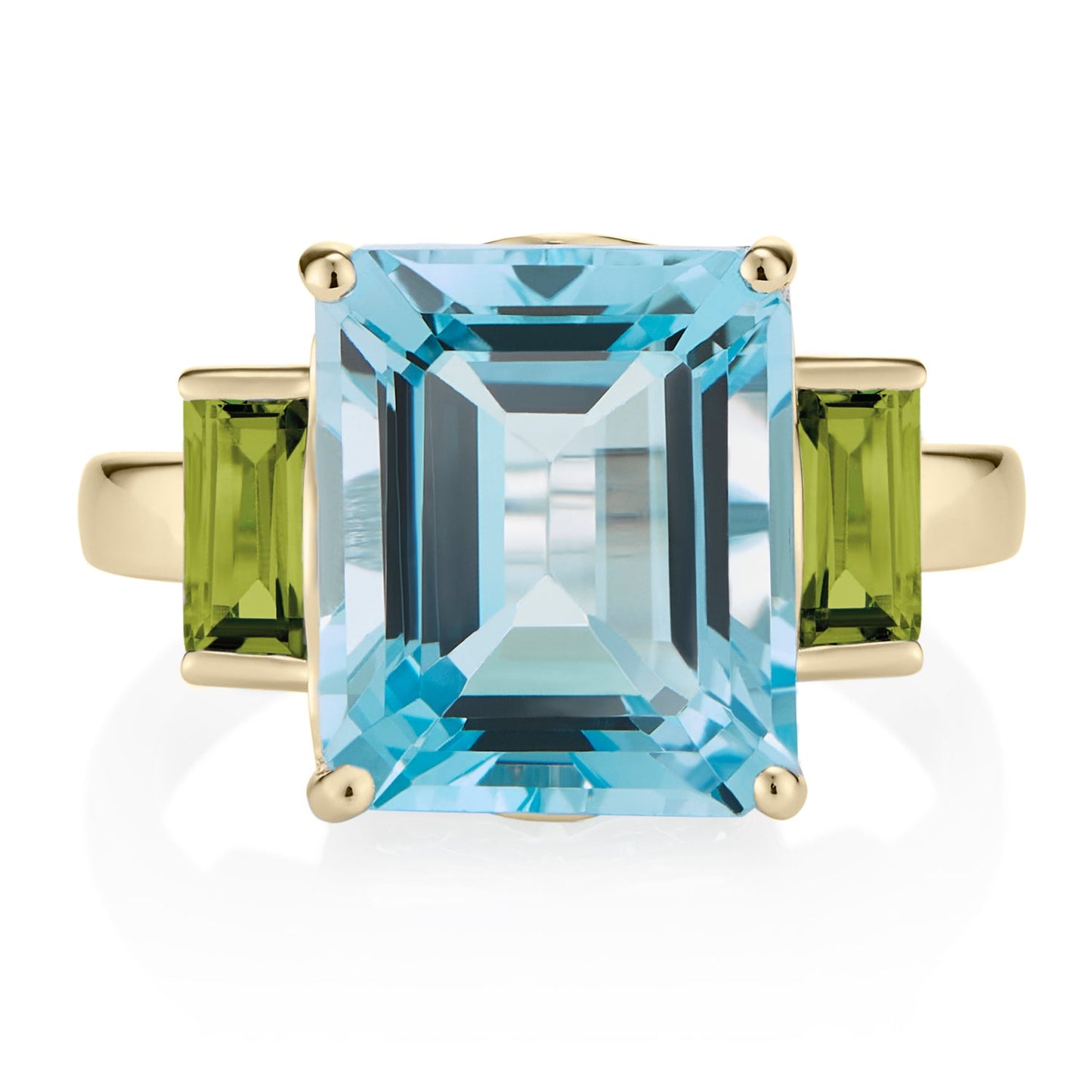 London-made luxury custom gold gemstone jewellery -9ct Yellow Gold Octagon Ring in Peridot and Blue Topaz – Andalusian Collection, Augustine Jewellery, British Jewellers, Gemstone Jewellery, Luxury Jewellery London.