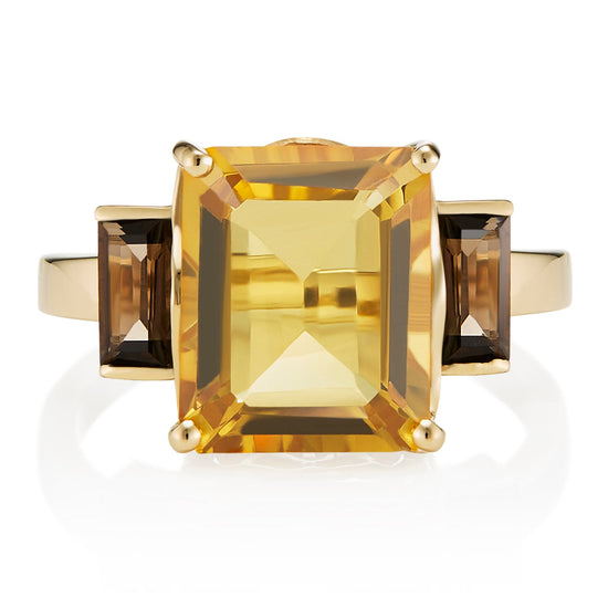 London-made luxury custom gold gemstone jewellery -9ct Yellow Gold Octagon Ring in Smoky Quartz and Citrine – Andalusian Collection, Augustine Jewellery, British Jewellers, Gemstone Jewellery, Luxury Jewellery London.