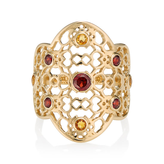London-made luxury custom gold gemstone jewellery - Gold Filigree Ring in Garnet and Citrine – Andalusian Collection, Augustine Jewellery, British Jewellers, Gemstone Jewellery, Luxury Jewellery London.