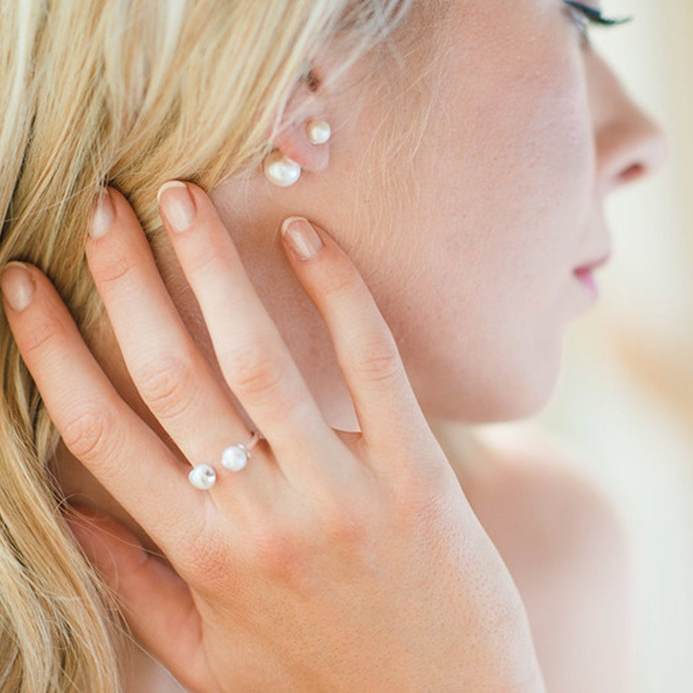 Double Pearl Silver Earrings, Double Pearl Silver Ring - Augustine Jewels