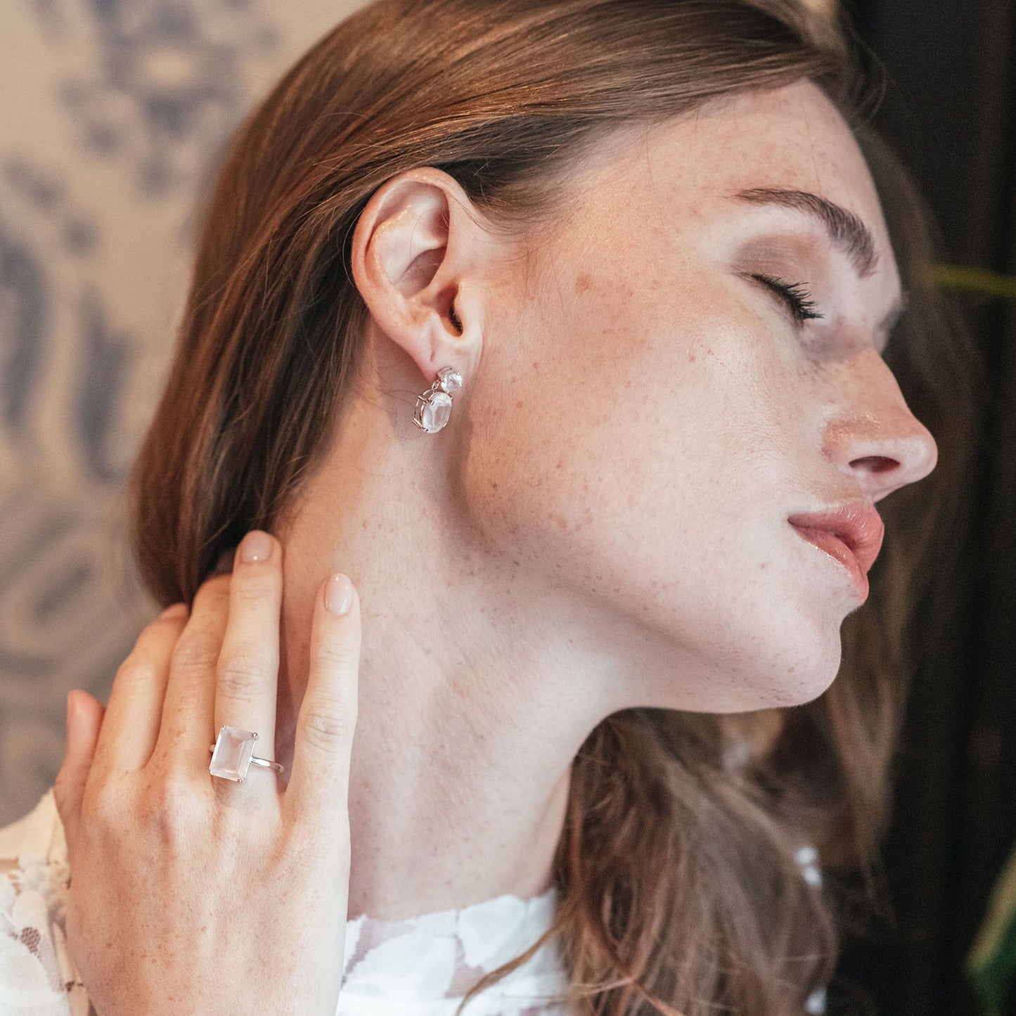 Sterling Silver or White Gold Rose Quartz Drop Earrings and Rose Quartz Ring - Augustine Jewels