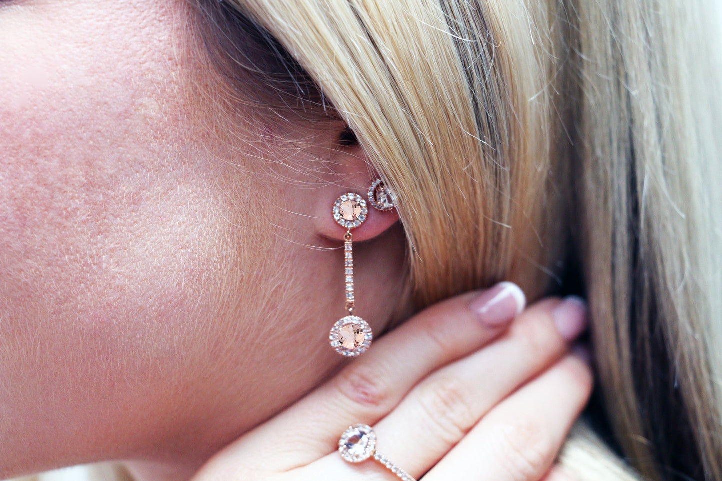 Rose Gold Morganite Drop Earrings, Rose Gold Morganite Halo Studs, Rose Gold Morganite Ring - Augustine Jewels