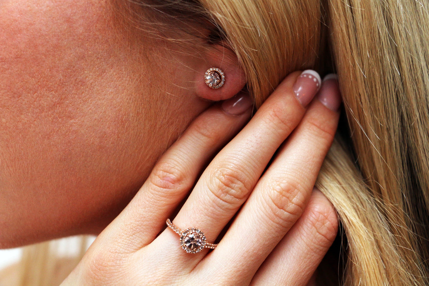 Rose Gold Morganite Halo Studs, Rose Gold Morganite Ring - Augustine Jewels