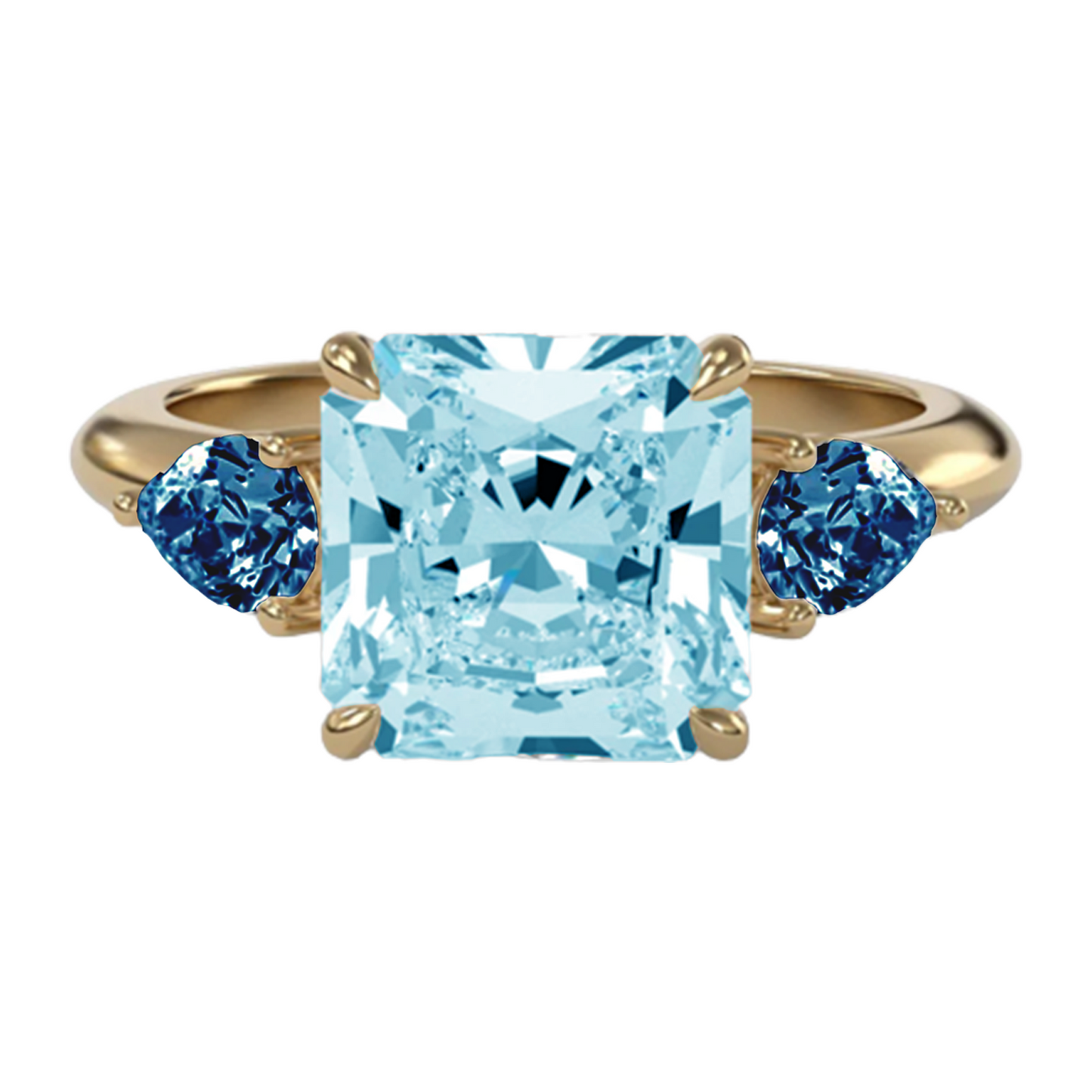 Luxury gemstone jewellery piece, the Sky Blue Topaz and Pear Teal Topaz Ring with 18ct Yellow Gold plated Sterling Silver band – Gstaad Collection, Augustine Jewellery, Luxury Jewellery London.